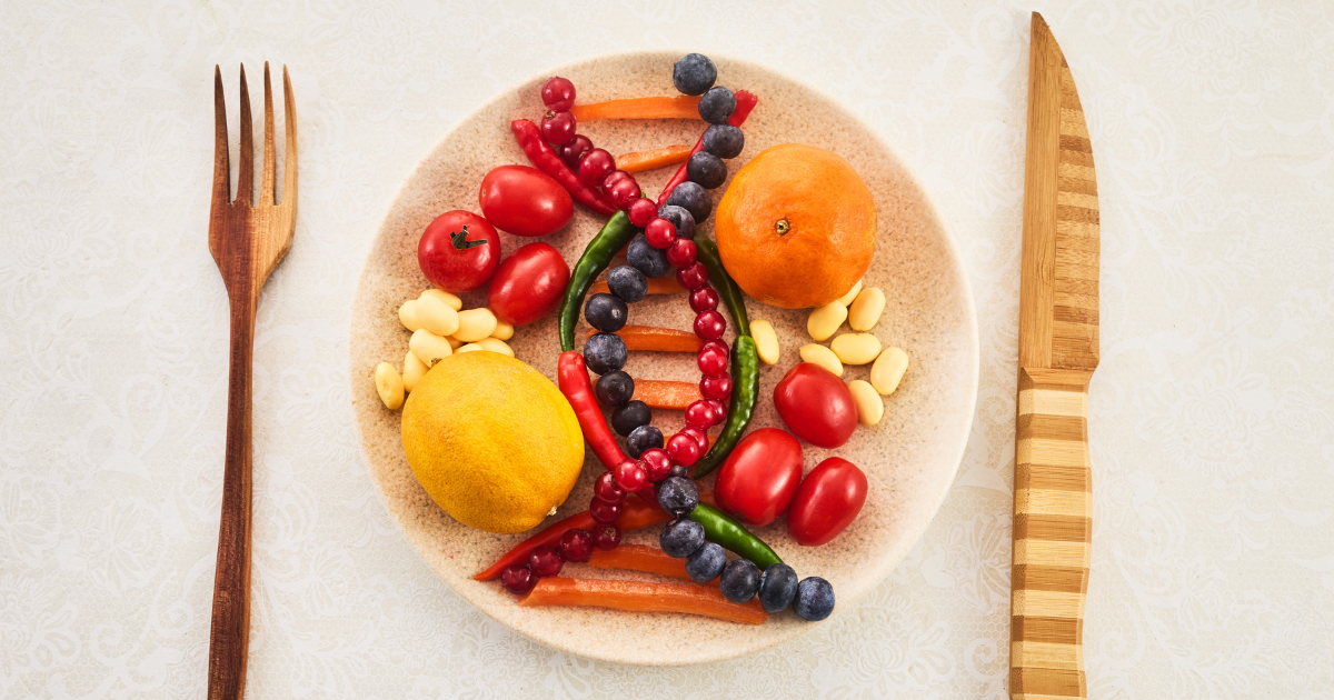 Plate of fruits and vegetables arranged in the shape of a DNA helix