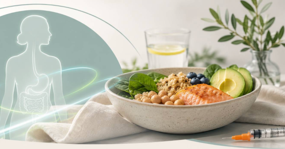 Healthy bowl with salmon, quinoa, and vegetables beside a syringe